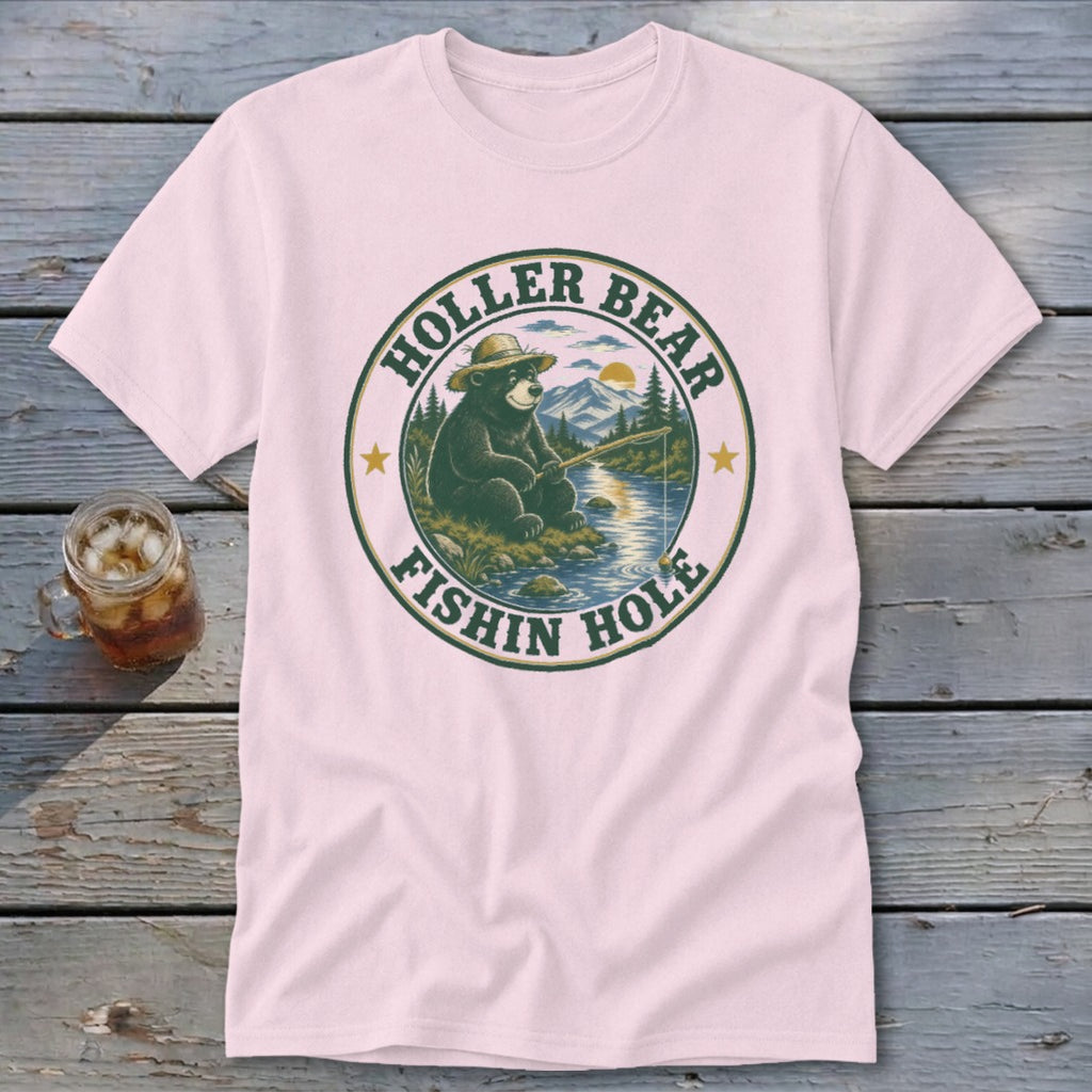 Holler Bear fishing design on a pink t-shirt.