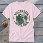 Holler Bear fishing design on a pink t-shirt.