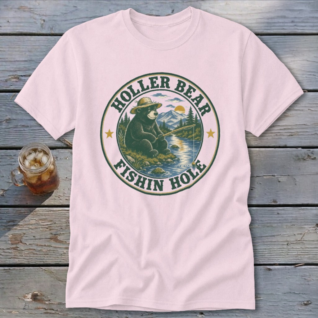 Holler Bear fishing design on a pink t-shirt.