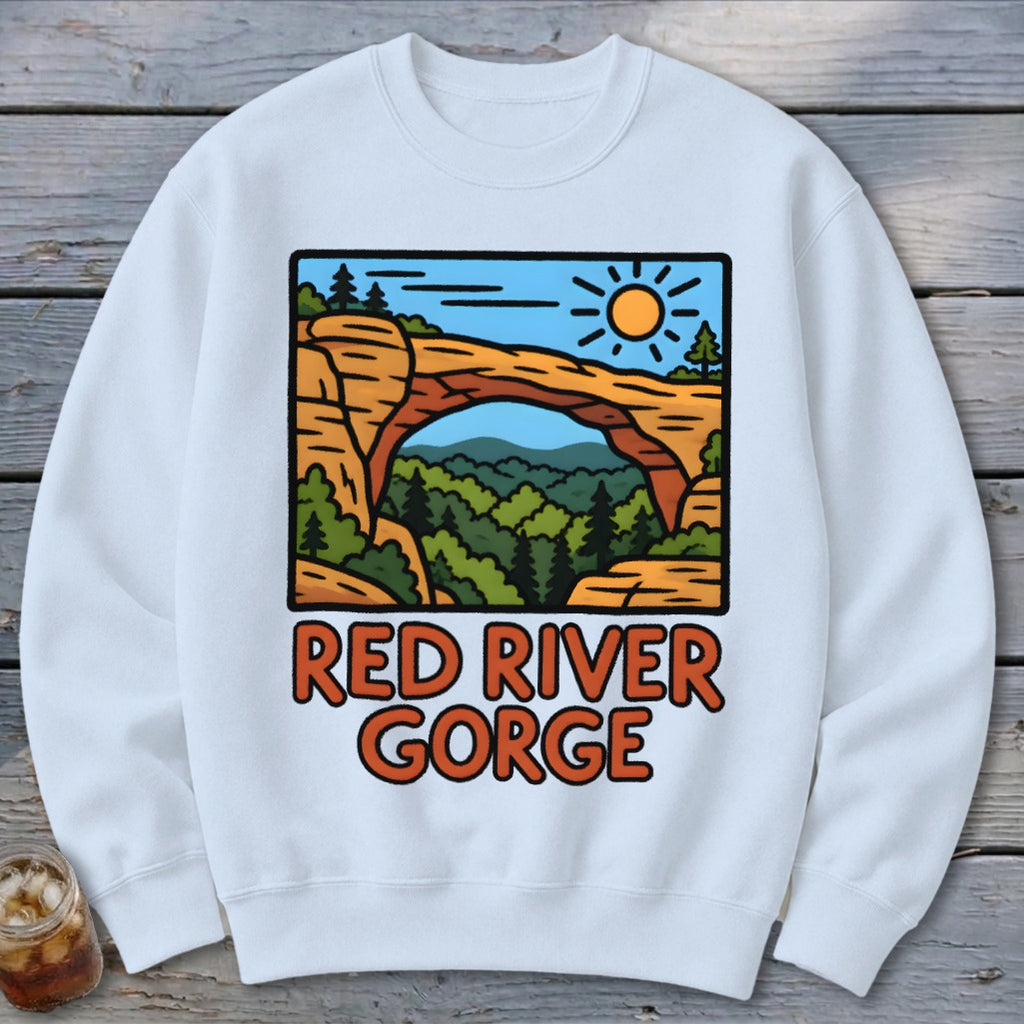 White sweatshirt with Red River Gorge graphic featuring a natural arch and forest.