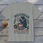 Hollerbear Apple Butter Season bear cooking apple butter graphic on a t-shirt.