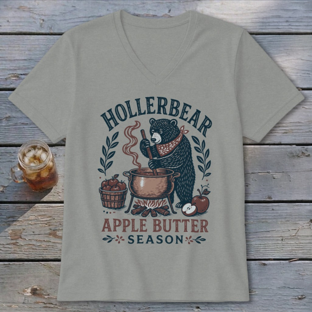 Hollerbear Apple Butter Season bear cooking apple butter graphic on a t-shirt.