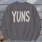 Gray crewneck sweatshirt with "YUNS" in cream text.