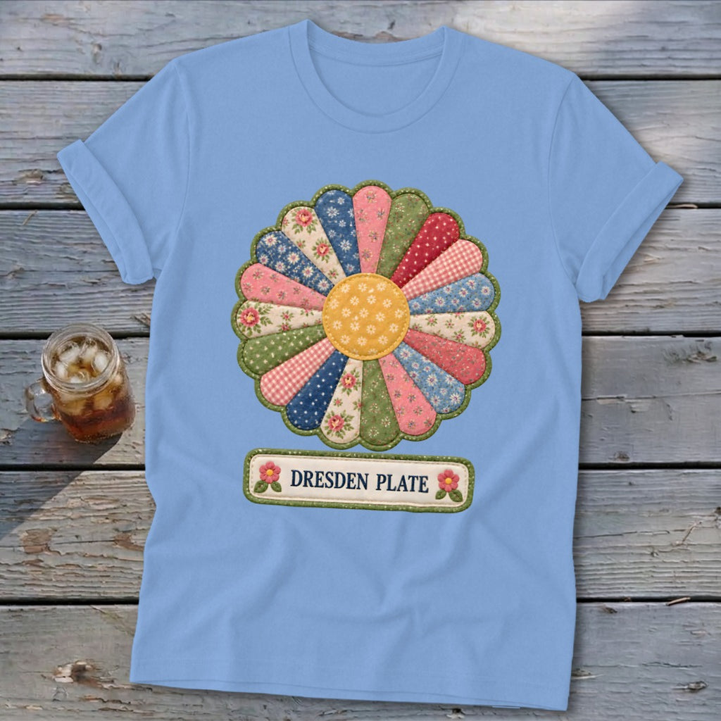 Light blue t-shirt with a colorful Dresden Plate flower graphic and "Dresden Plate" text.