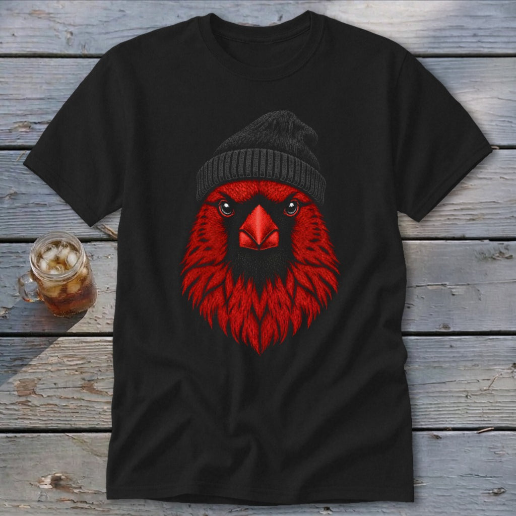 Black t-shirt with a red cardinal wearing a black beanie graphic.
