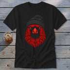Black t-shirt with a red cardinal wearing a black beanie graphic.