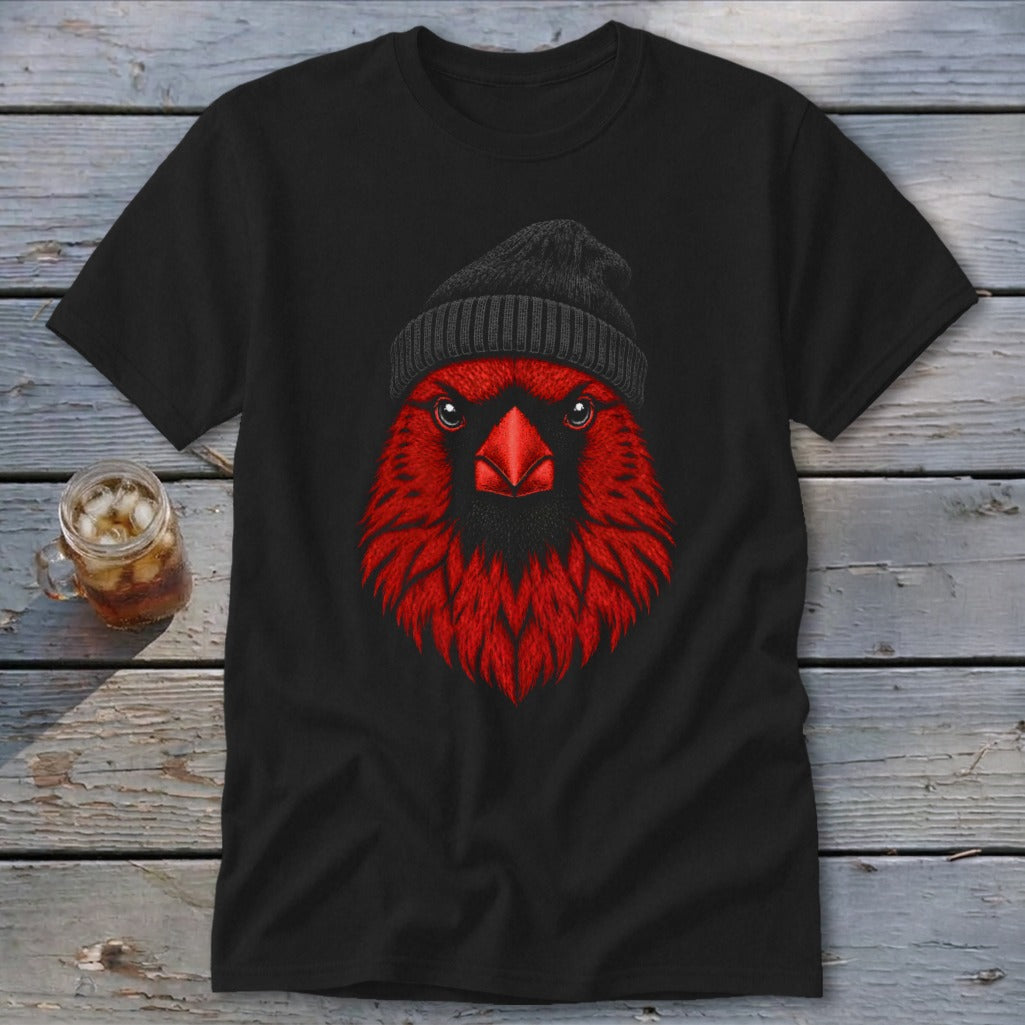 Black t-shirt with a red cardinal wearing a black beanie graphic.