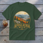 Green t-shirt with Appalachia Wild mountain landscape graphic and text.