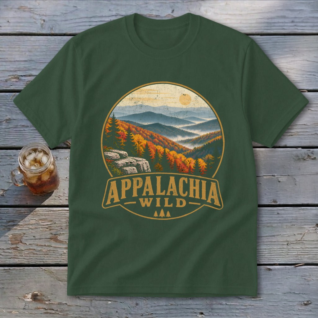 Green t-shirt with Appalachia Wild mountain landscape graphic and text.