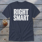 Navy t-shirt with white text "RIGHT SMART" and a glass of iced tea.