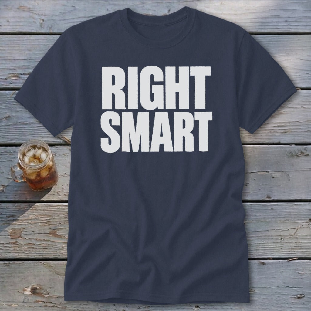 Navy t-shirt with white text "RIGHT SMART" and a glass of iced tea.