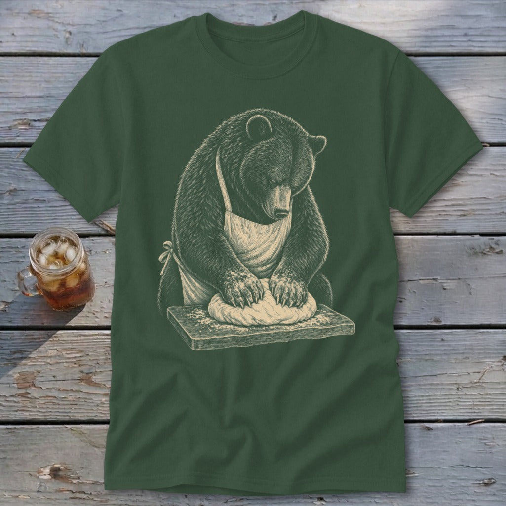 Bear wearing apron kneading dough on wooden board illustration on dark green t-shirt.