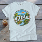 White t-shirt with circular Ohio landscape graphic featuring a deer, river, and mountains.