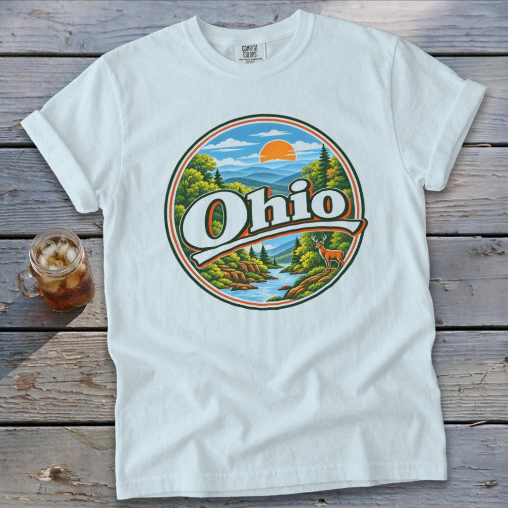 White t-shirt with circular Ohio landscape graphic featuring a deer, river, and mountains.