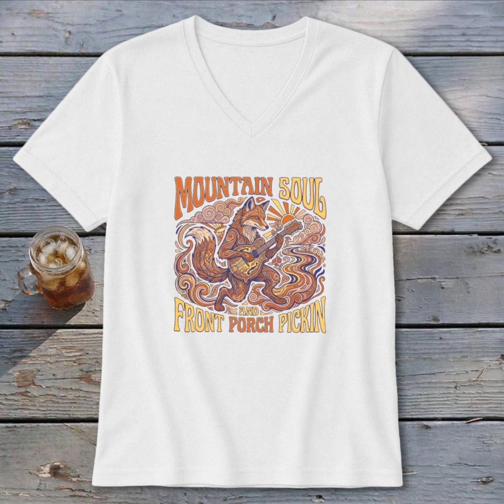 White v-neck t-shirt with a graphic of a fox playing guitar, "Mountain Soul," and "Front Porch Pickin'."