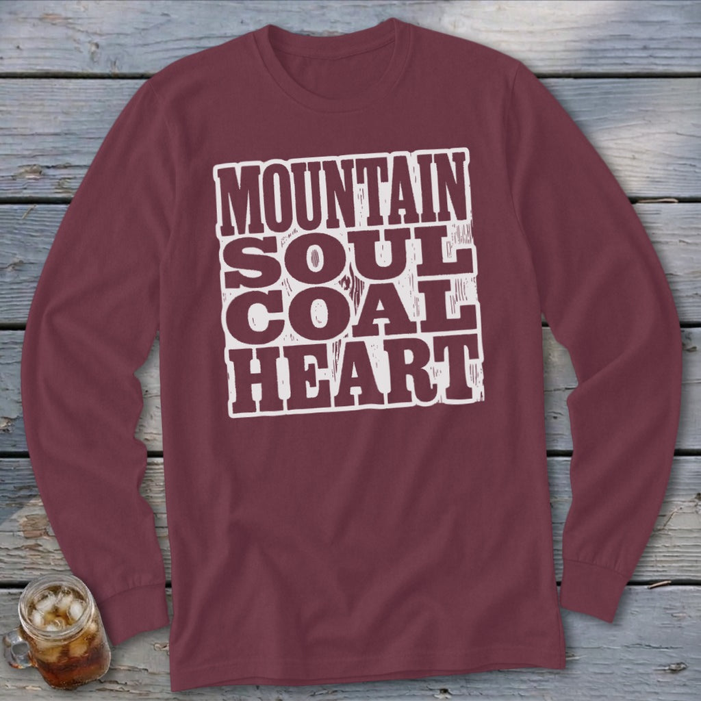Maroon long-sleeve shirt with "MOUNTAIN SOUL COAL HEART" text graphic.