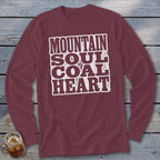 Maroon long-sleeve shirt with "MOUNTAIN SOUL COAL HEART" text graphic.