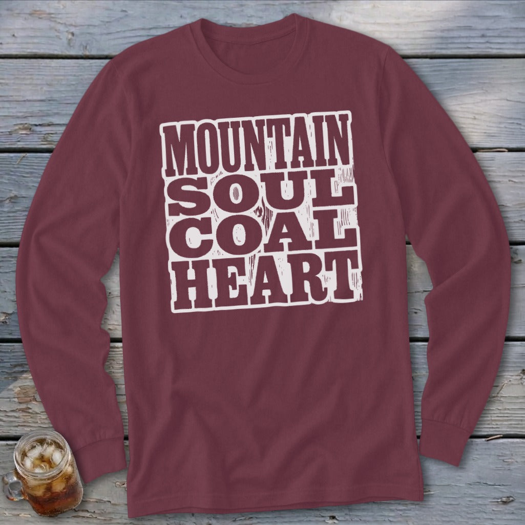 Maroon long-sleeve shirt with "MOUNTAIN SOUL COAL HEART" text graphic.