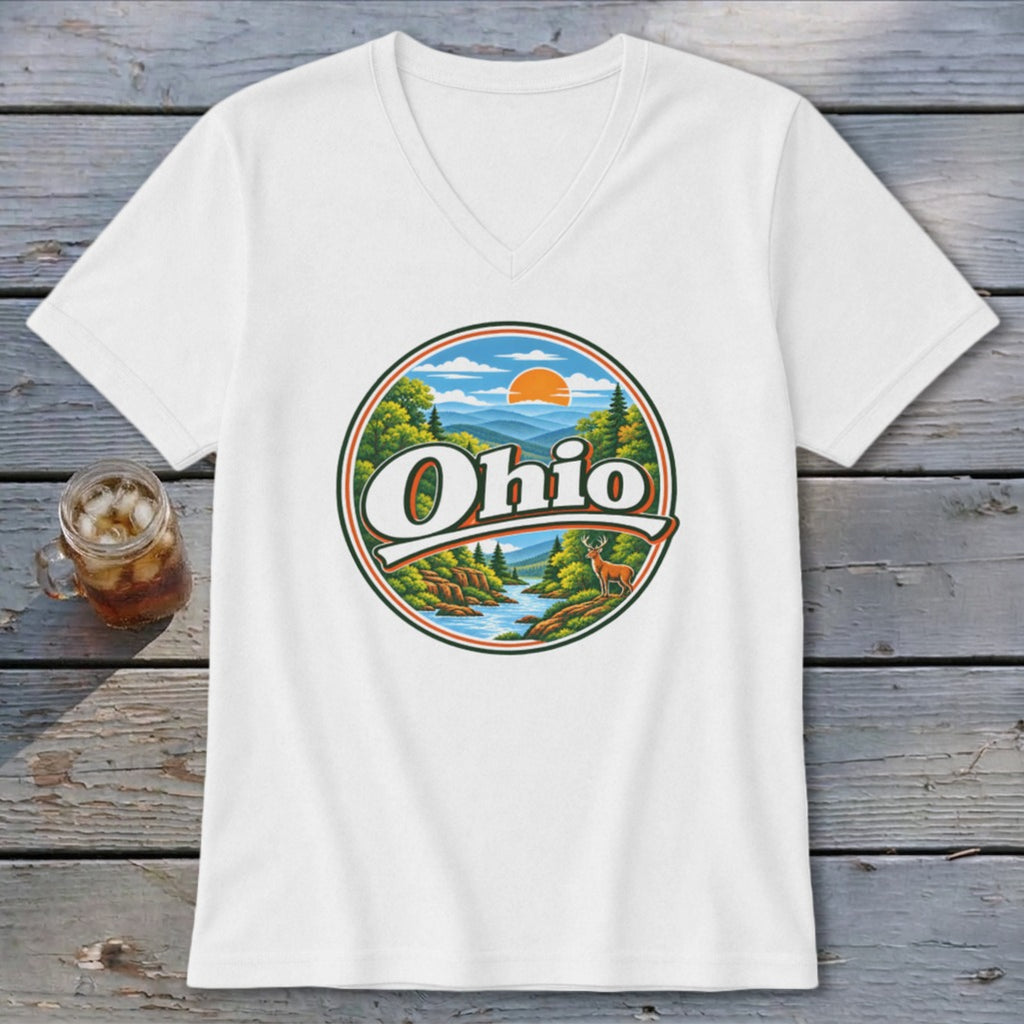 White v-neck t-shirt with a circular Ohio landscape graphic featuring a deer.