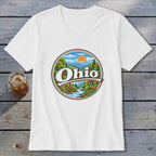 White v-neck t-shirt with a circular Ohio landscape graphic featuring a deer.