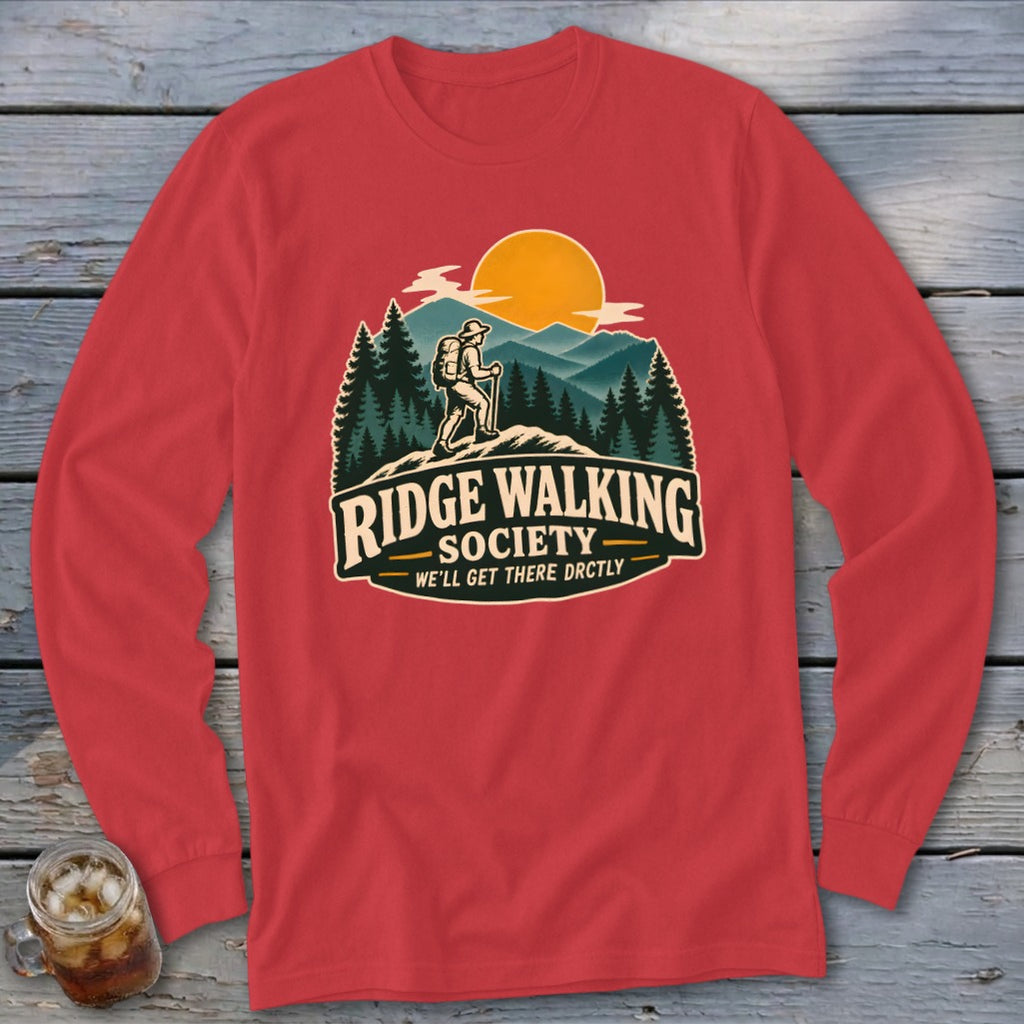Long sleeve red shirt with "Ridge Walking Society" graphic.