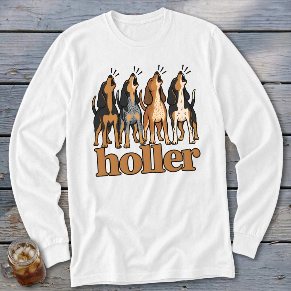 White long-sleeve shirt with four howling dogs and the word "holler".