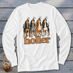 White long-sleeve shirt with four howling dogs and the word "holler".
