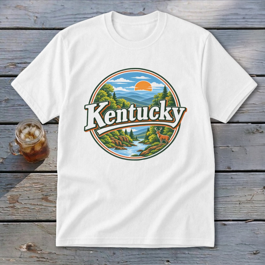 White t-shirt with circular graphic featuring "Kentucky," a deer, river, and mountains.