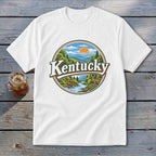 White t-shirt with circular graphic featuring "Kentucky," a deer, river, and mountains.
