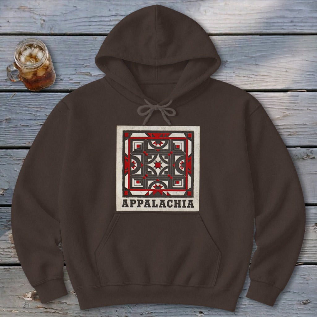 Dark brown hooded sweatshirt featuring a geometric red, black, and white design above the text Appalachia.