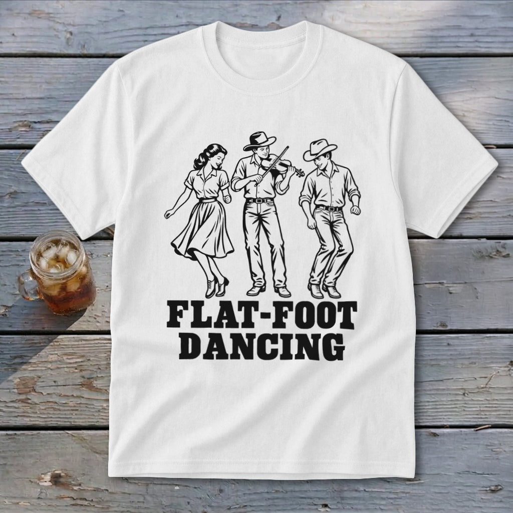 White t-shirt with black graphic of three people dancing and text "FLAT-FOOT DANCING".