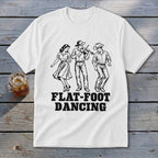 White t-shirt with black graphic of three people dancing and text "FLAT-FOOT DANCING".