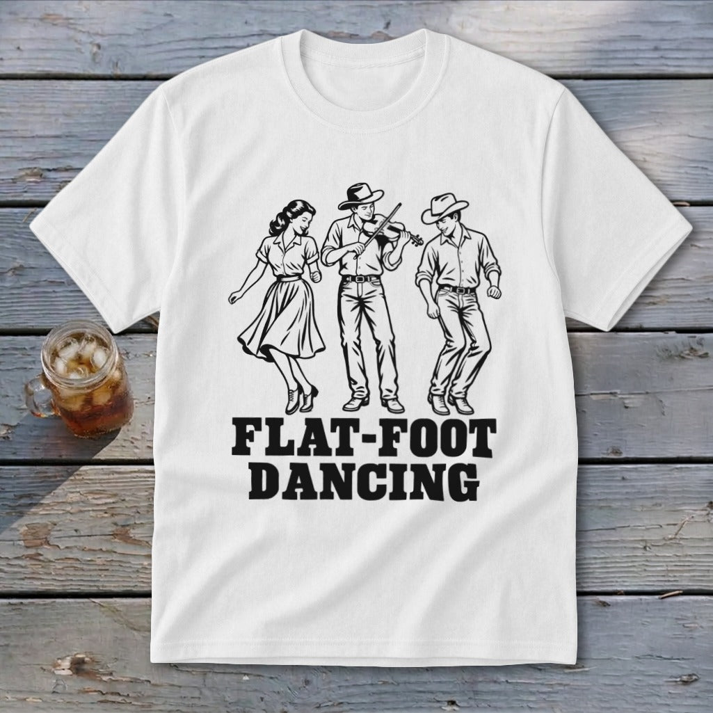 White t-shirt with black graphic of three people dancing and text "FLAT-FOOT DANCING".