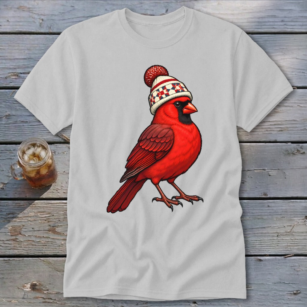 Light gray t-shirt featuring a graphic of a red cardinal wearing a winter beanie.