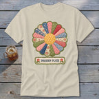 Cream t-shirt with a colorful Dresden Plate quilt design and the text "DRESDEN PLATE".