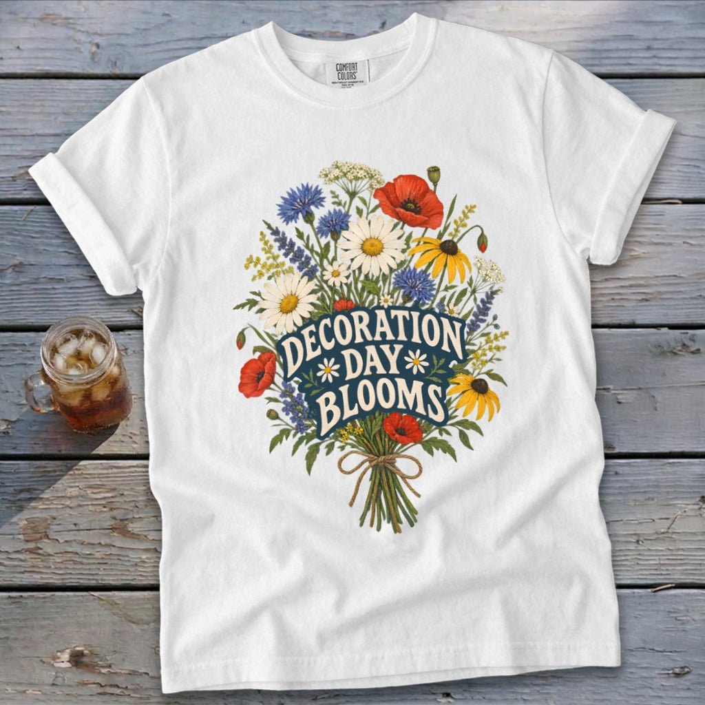 White t-shirt with a floral bouquet graphic and "Decoration Day Blooms" text.