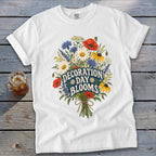 White t-shirt with a floral bouquet graphic and "Decoration Day Blooms" text.