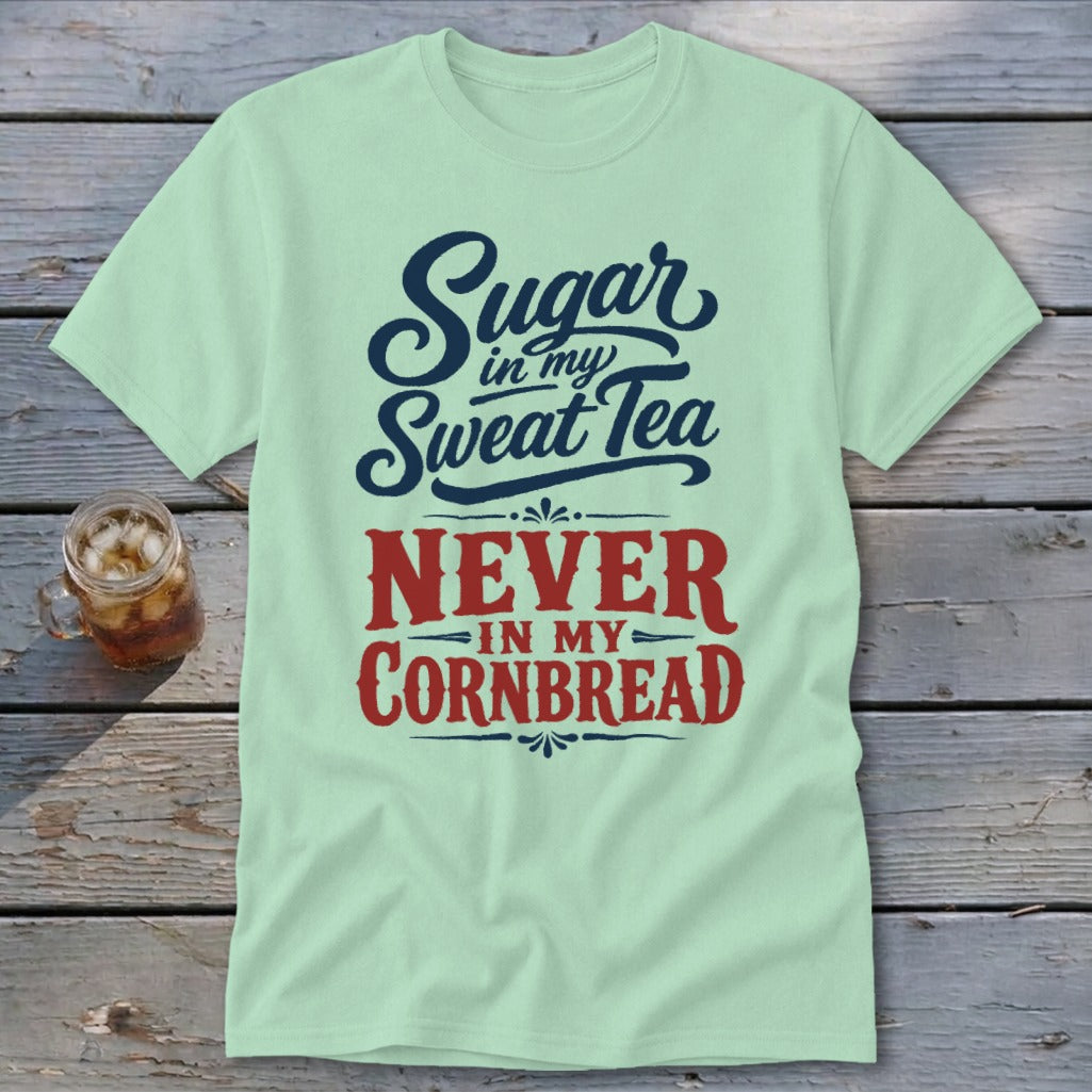 Light green crewneck t-shirt featuring dark blue and red text that reads Sugar in my Sweat Tea Never in my Cornbread.