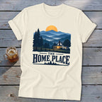 Cream t-shirt with "The Home Place" text and a mountain landscape graphic.