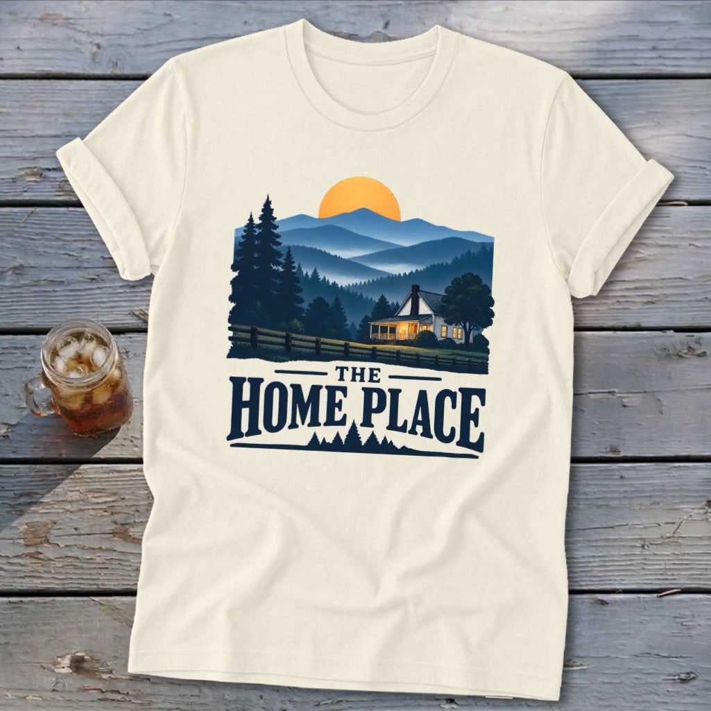 Cream t-shirt with "The Home Place" text and a mountain landscape graphic.