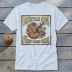 T-shirt with graphic of acoustic guitar and flowers, text "MOUNTAIN SOUL AND FRONT PORCH PICKIN".