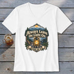 White v-neck t-shirt featuring a lantern and the text "Always Leave the Light On, Come On In."