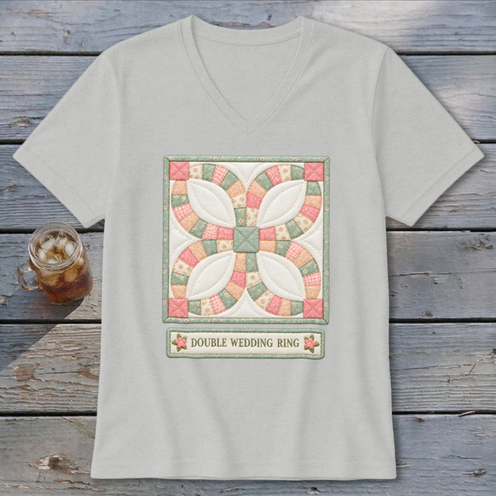 Light grey V-neck t-shirt with a quilt block design and "Double Wedding Ring" text.