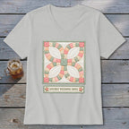 Light grey V-neck t-shirt with a quilt block design and "Double Wedding Ring" text.