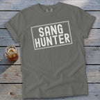 Gray t-shirt with "SANG HUNTER" text inside a distressed rectangle.