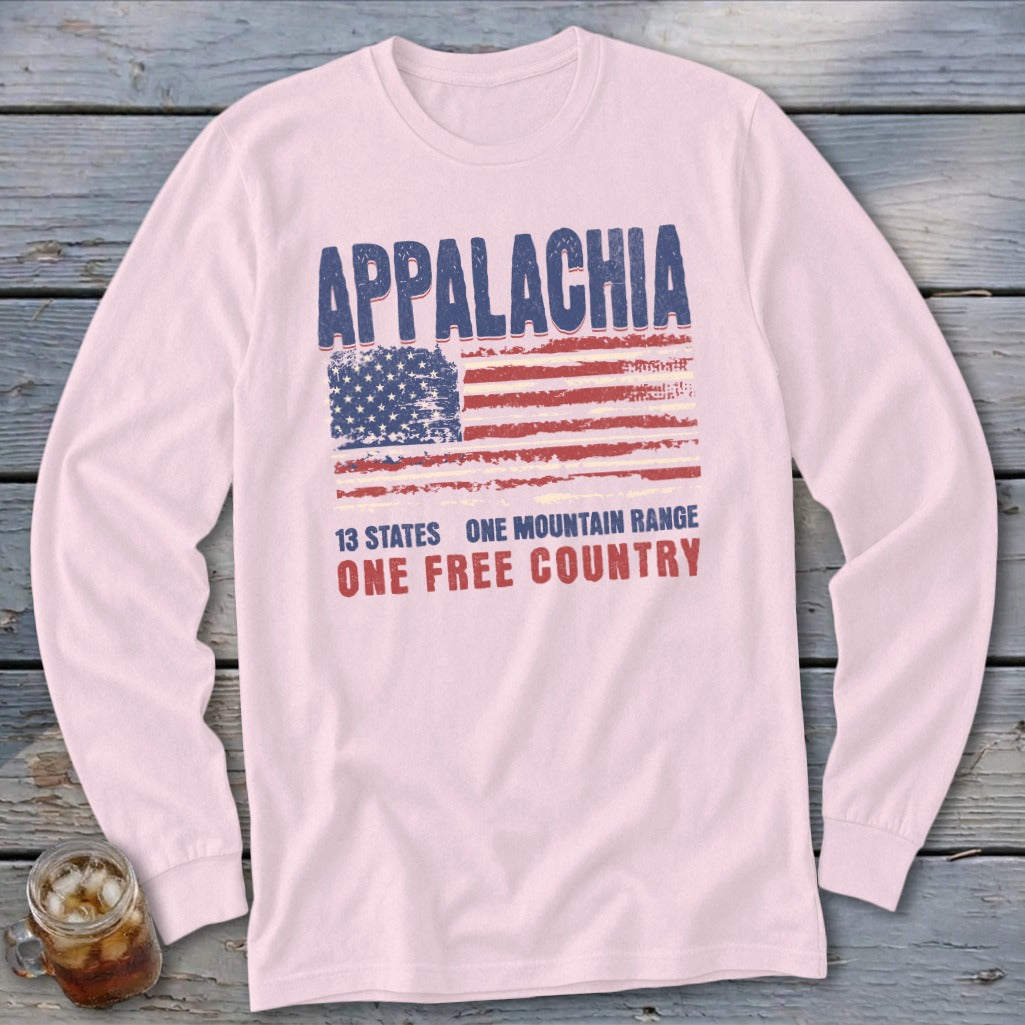 Light pink long-sleeve t-shirt with a distressed graphic featuring the American flag and Appalachia text.