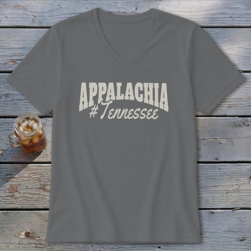 Grey v-neck t-shirt with white "APPALACHIA #Tennessee" graphic.