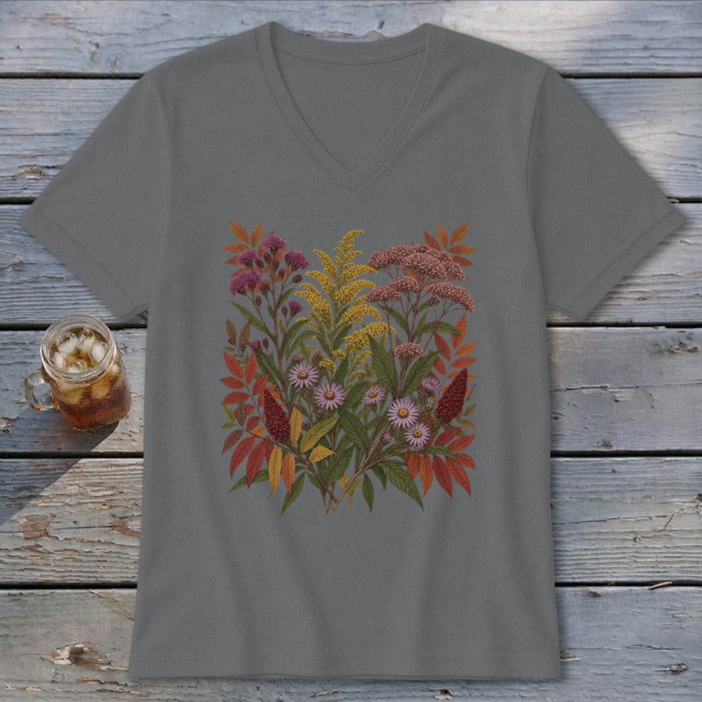 Gray v-neck t-shirt with a colorful fall floral bouquet graphic print.