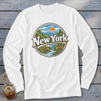 White long-sleeve shirt with circular New York nature graphic featuring deer.