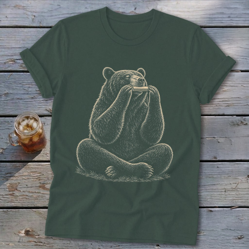 Green t-shirt with a detailed illustration of a bear playing a harmonica.